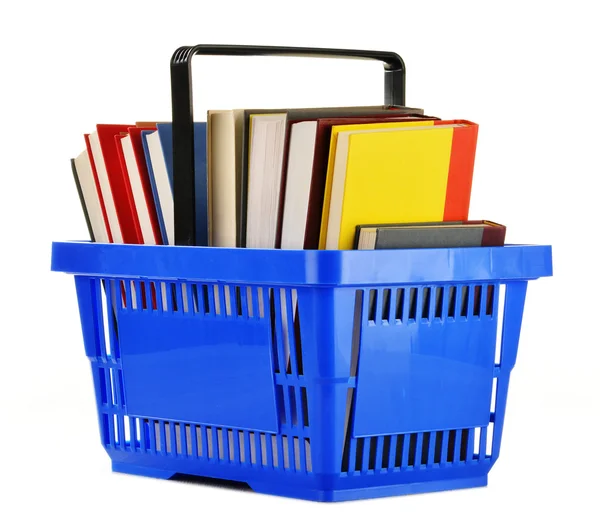Plastic shopping basket with books isolated on white — Stock Photo, Image