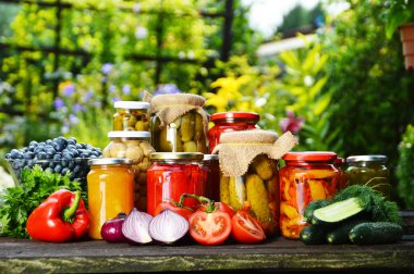Jars of pickled vegetables in the garden. Marinated food clipart