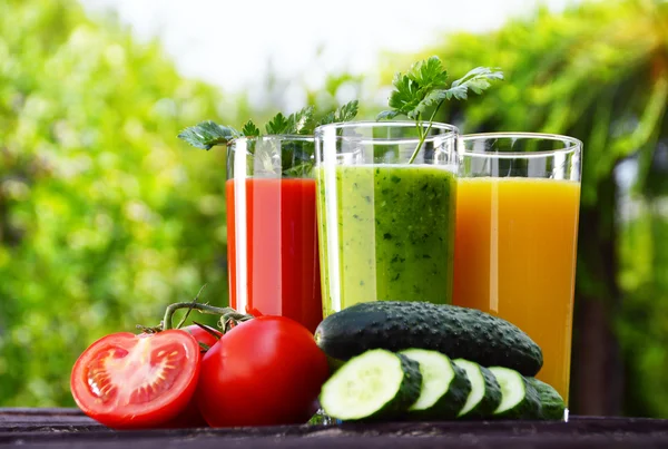 Bicchieri con succhi di verdura freschi in giardino. Dieta Detox — Foto Stock