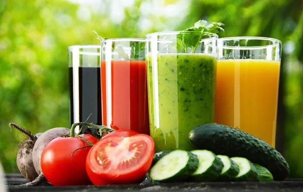 Óculos com sucos de legumes frescos no jardim. Dieta de desintoxicação — Fotografia de Stock