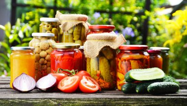 Jars of pickled vegetables in the garden. Marinated food clipart