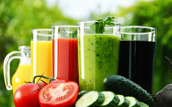 Szemüveg, a friss zöldség-és gyümölcsleveket a kertben. tisztítókúra — Stock Fotó