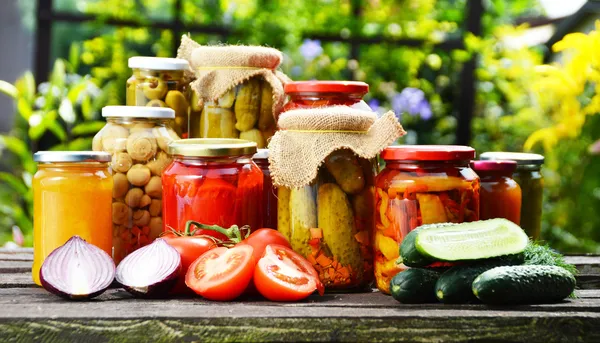 Jars of pickled vegetables in the garden. Marinated food — Stock Image Jars of pickled vegetables in the garden. Marinated food Royalty Free Stock Photos