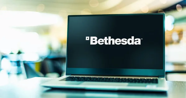 Poznan Pol Mar 2021 Laptop Computer Displaying Logo Bethesda Softworks — Stock Photo, Image