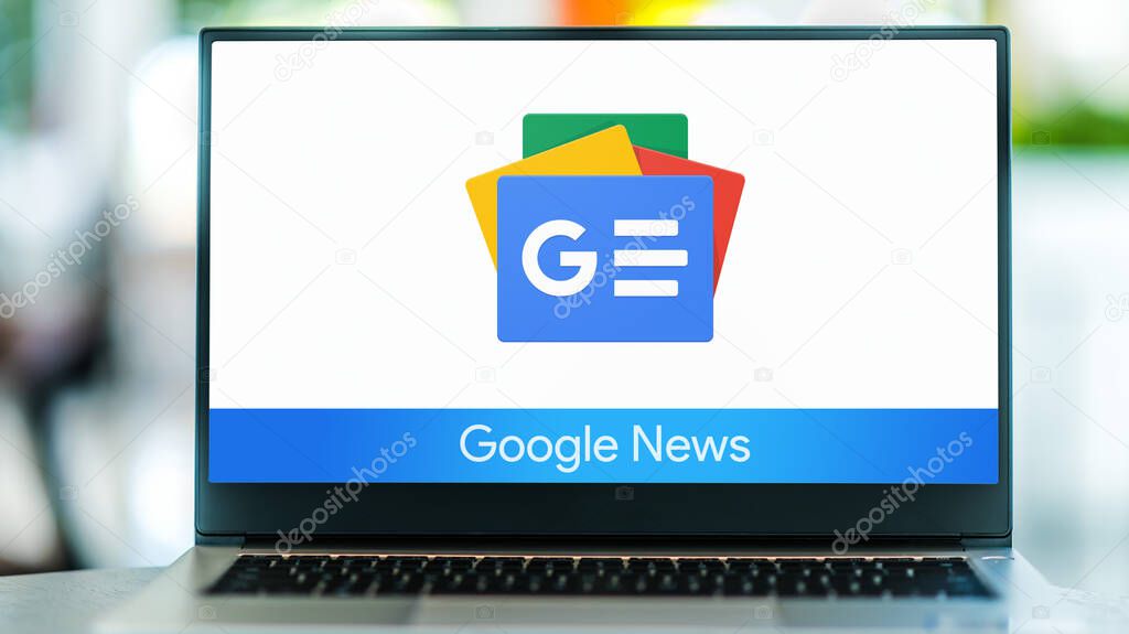 POZNAN, POL - JUL 10, 2021: Laptop computer displaying logo of Google News, a news aggregator app developed by Google