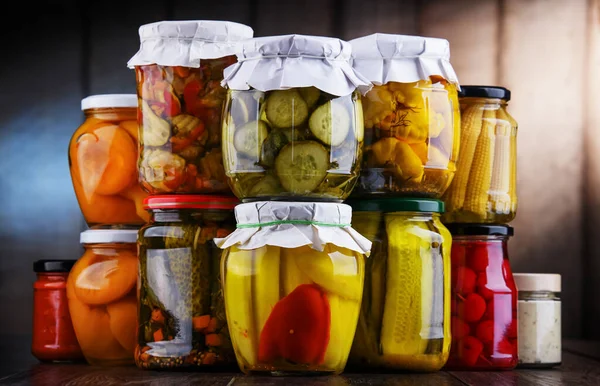 Jars Variety Marinated Vegetables Fruits Preserved Food — Stock Photo, Image