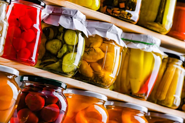 Jars Variety Marinated Vegetables Fruits Preserved Food — Stock Photo, Image