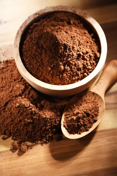 Composición Con Tazón Cacao Polvo Sobre Mesa Madera —  Fotos de Stock