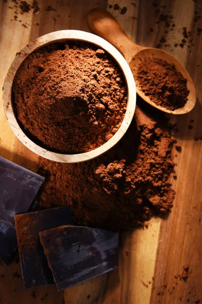 Composición Con Tazón Cacao Polvo Sobre Mesa Madera —  Fotos de Stock