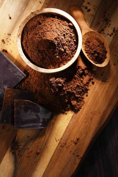 Composition Bowl Cocoa Powder Wooden Table — Stock Photo, Image