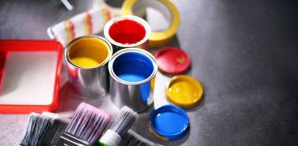 Paint Cans Paintbrushes Different Size Home Decorating Purposes — Stock Photo, Image