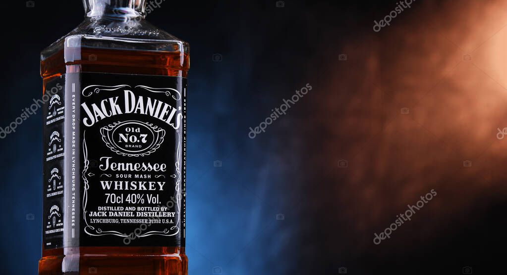 POZNAN, POL - OCT 27, 2021: Bottle of Jack Daniel's, a brand of the best selling American whiskey in the world,  produced by the Jack Daniel Distillery and owned by the Brown-Forman Corporation since 1956