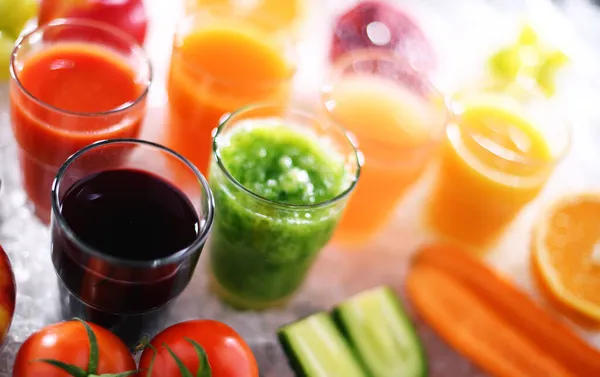 Verres Avec Jus Fruits Légumes Frais Biologiques Régime Désintoxication — Photo