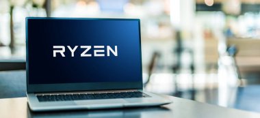 POZNAN, POL - APR 15, 2021: Laptop computer displaying logo of Ryzen, a brand of x86-64 microprocessors designed and marketed by Advanced Micro Devices (AMD) clipart