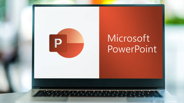 POZNAN, POL - JUL 3, 2021: Laptop computer displaying logo of Microsoft PowerPoint, a presentation program, part of the Office family software and services developed by Microsoft