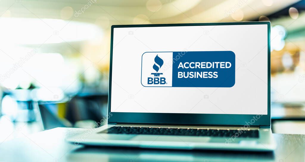 POZNAN, POL - MAY 1, 2021: Laptop computer displaying logo of The Better Business Bureau, a nonprofit organization whose self-described mission is to focus on advancing marketplace trust