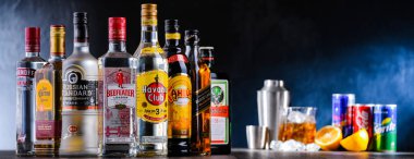 POZNAN, POL - 28 DEC 2021: Çeşitli küresel likör markaları ve kokteyl karıştırıcıyla içki hazırlayan bir barmen