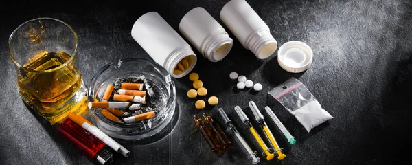 Addictive Substances Including Alcohol Cigarettes Drugs — Stock Photo, Image