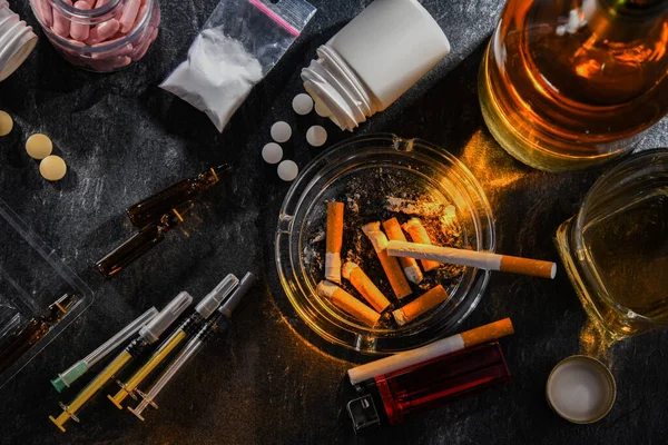 Addictive Substances Including Alcohol Cigarettes Drugs — Stock Photo, Image