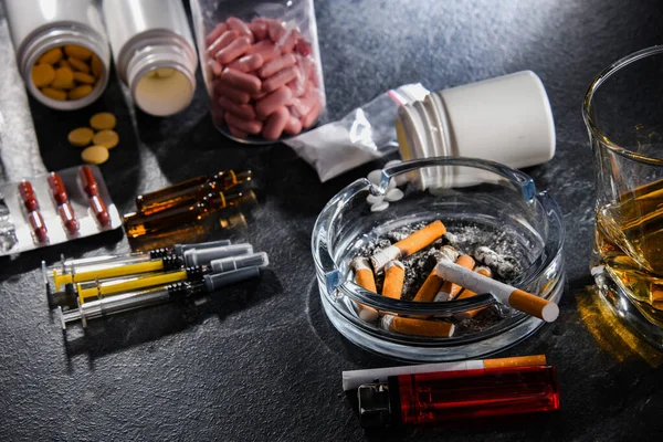 Addictive Substances Including Alcohol Cigarettes Drugs — Stock Photo, Image