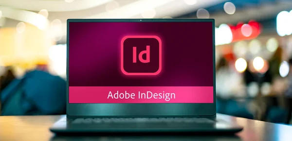 Poznan Pol Jan 2022 Notebook Logem Adobe Indesign Desktopové Publikační — Stock fotografie