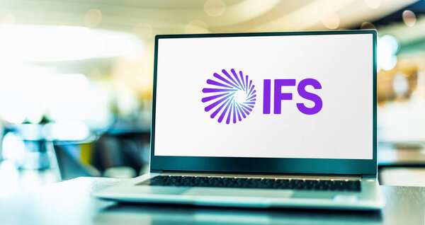 POZNAN, POL - DEC 8, 2021: Laptop computer displaying logo of IFS AB, a multinational enterprise software company headquartered in Linkoping, Sweden