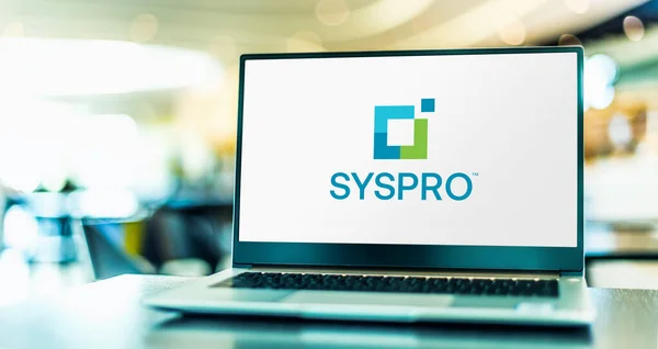 Poznan Pol Dic 2021 Computadora Portátil Que Muestra Logotipo Syspro — Foto de Stock