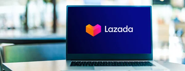 Poznan Pol Sep 2020 Laptop Computer Displaying Logo Lazada International — Stock Photo, Image