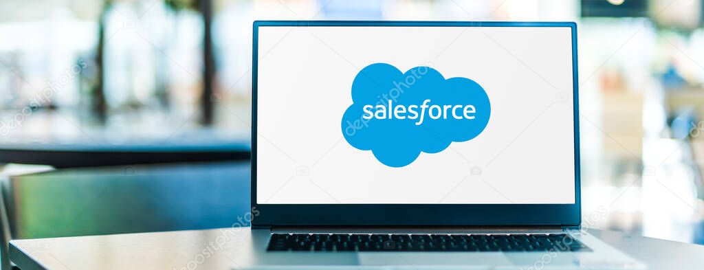 POZNAN, POL - SEP 23, 2020: Laptop computer displaying logo of Salesforce.com, an American cloud-based software company. It provides customer relationship management (CRM) service