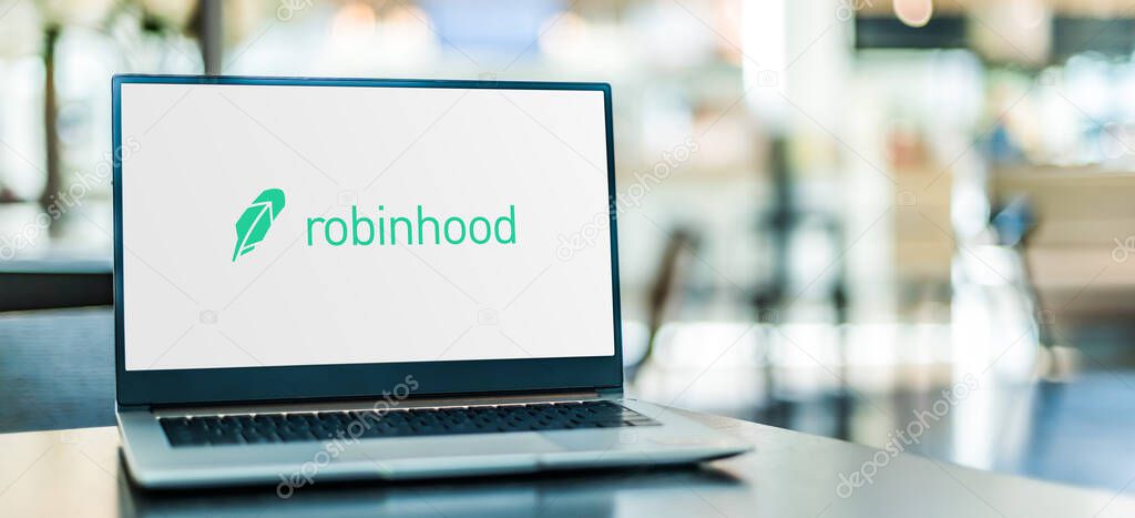 POZNAN, POL - NOV 12, 2020: Laptop computer displaying logo of Robinhood Markets, Inc., an American financial services company headquartered in Menlo Park, California