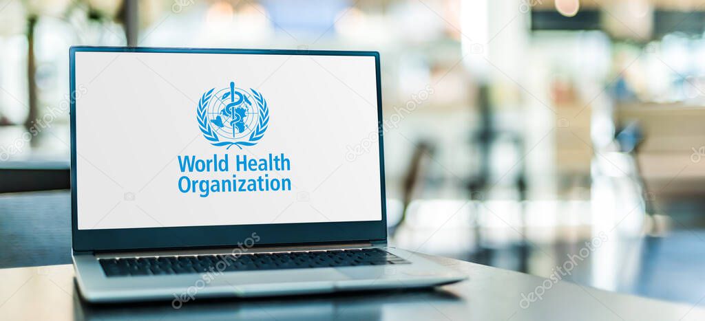 POZNAN, POL - NOV 12, 2020: Laptop computer displaying logo of The World Health Organization (WHO), a specialized agency of the United Nations responsible for international public health
