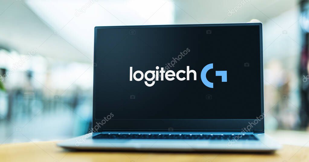 POZNAN, POL - MAY 1, 2021: Laptop computer displaying logo of Logitech International, a manufacturer of computer peripherals and software, with headquarters in Lausanne, Switzerland