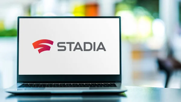 Poznan Pol Feb 2021 Laptop Computer Met Logo Van Stadia — Stockfoto