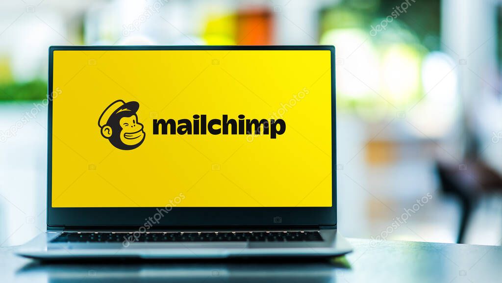 POZNAN, POL - MAR 15, 2021: Laptop computer displaying logo of Mailchimp, an American marketing automation platform and email marketing service