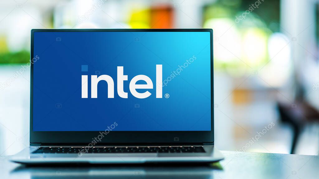 POZNAN, POL - FEB 6, 2021: Laptop computer displaying logo of Intel, an American multinational corporation and technology company headquartered in Santa Clara, California