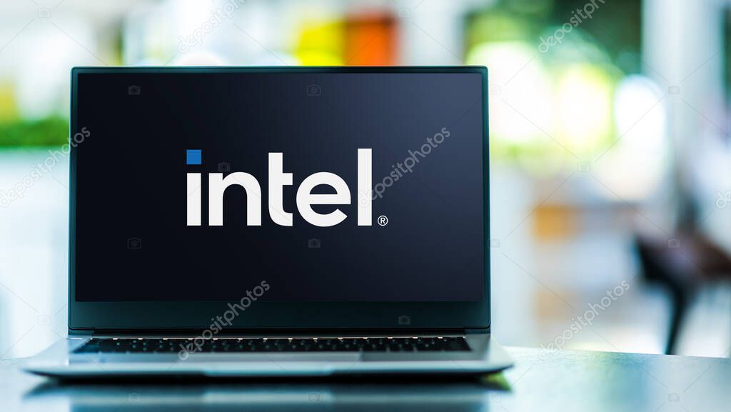 POZNAN, POL - FEB 6, 2021: Laptop computer displaying logo of Intel, an American multinational corporation and technology company headquartered in Santa Clara, California