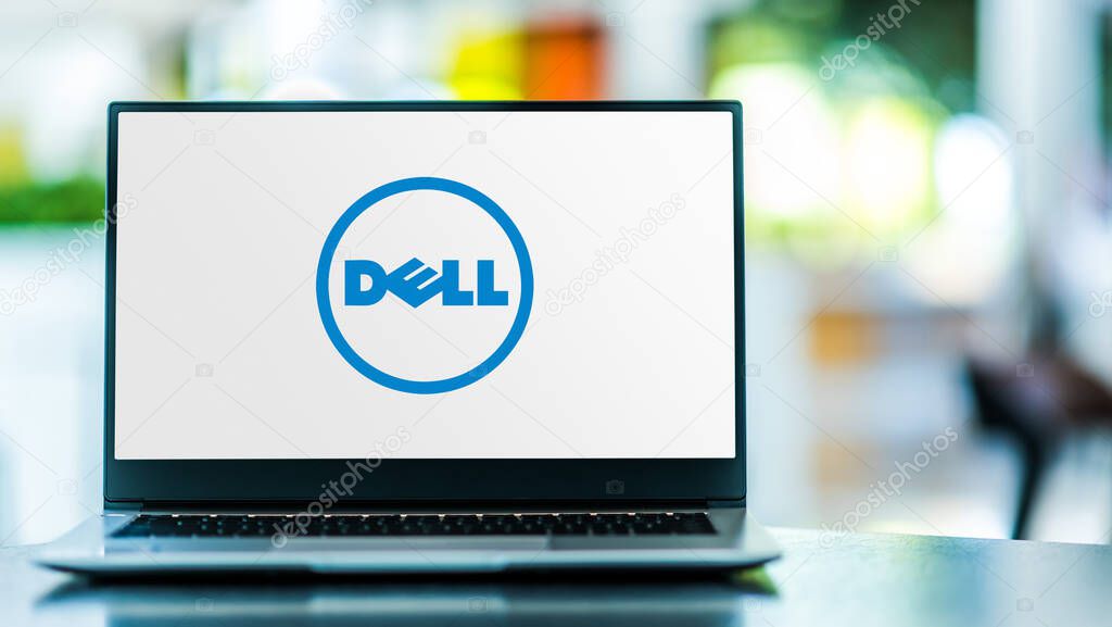 POZNAN, POL - FEB 6, 2021: Laptop computer displaying logo of Dell, an American multinational computer technology company that develops, sells, repairs, and supports computers and related products and services