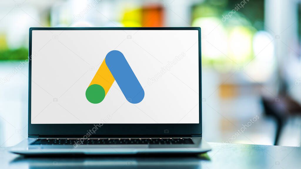 POZNAN, POL - FEB 6, 2021: Laptop computer displaying logo of Google Ads, an online advertising platform developed by Google