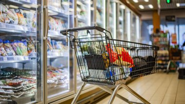 Süpermarkette market ürünleriyle dolu bir alışveriş arabası.