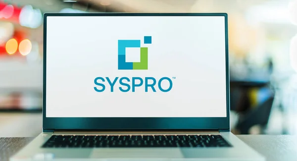 Poznan Pol Dec 2021 Computador Portátil Que Exibe Logotipo Syspro — Fotografia de Stock