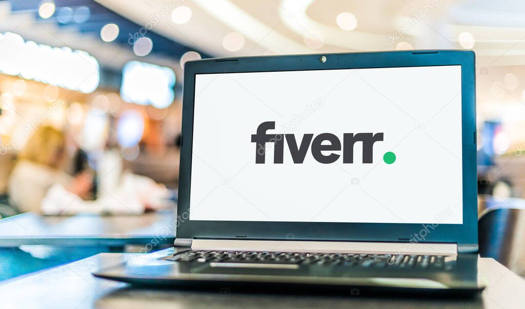 POZNAN, POL - JAN 6, 2021: Laptop computer displaying logo of Fiverr, an Israeli online marketplace for freelance services