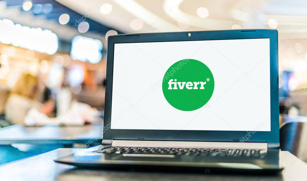 POZNAN, POL - JAN 6, 2021: Laptop computer displaying logo of Fiverr, an Israeli online marketplace for freelance services