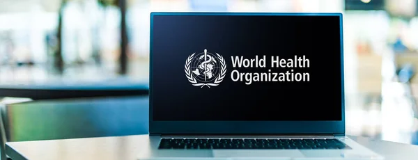Poznan Pol Nov 2020 联合国负责国际公共卫生的专门机构世界卫生组织 世卫组织 的笔记本电脑标识 — 图库照片