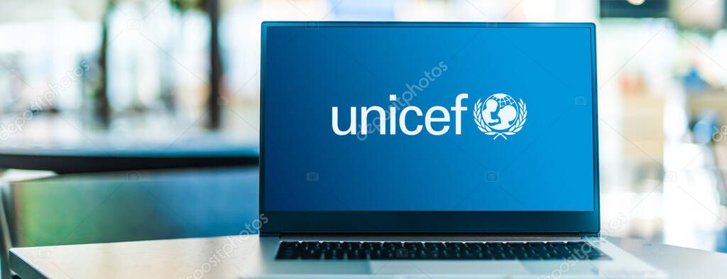 POZNAN, POL - NOV 12, 2020: Laptop computer displaying logo of UNICEF or United Nations Children's Fund, a UN agency responsible for providing humanitarian and developmental aid to children worldwide