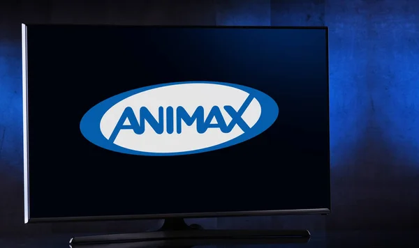 Poznan Pol Mar 2022 展示日本动画卫星电视网络Animax Broadcast Japan Inc 标志的平板电视 — 图库照片