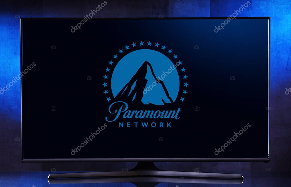 POZNAN, POL - MAR 25, 2022: Flat-screen TV set displaying logo of Paramount Network, an American basic cable television channel owned by the MTV Entertainment Group