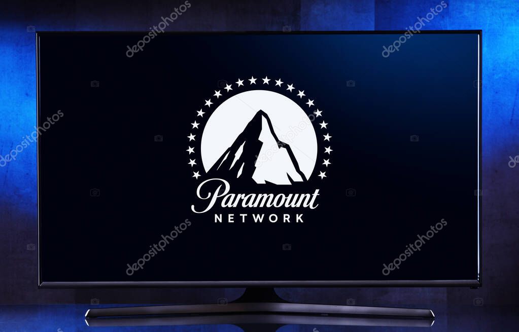 POZNAN, POL - MAR 25, 2022: Flat-screen TV set displaying logo of Paramount Network, an American basic cable television channel owned by the MTV Entertainment Group