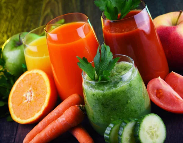 Verres Avec Jus Fruits Légumes Frais Biologiques Régime Désintoxication — Photo