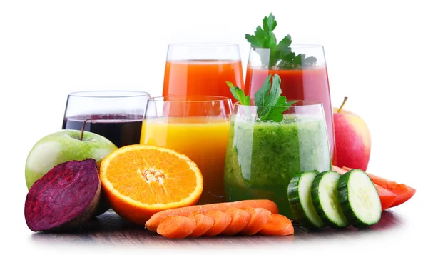 Ποτήρια Φρέσκα Βιολογικά Λαχανικά Και Χυμούς Φρούτων Διατροφή Αποτοξίνωσης — Φωτογραφία Αρχείου
