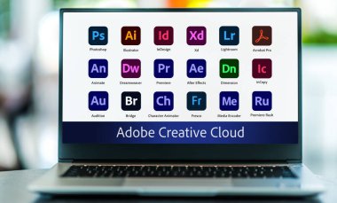 POZNAN, POL - NOV 24, 2021: Laptop computer displaying logo of Adobe Creative Cloud, a set of applications and services from Adobe Systems